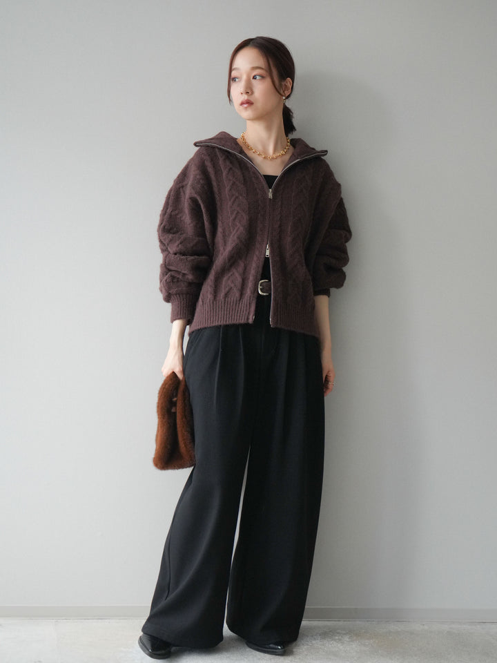 [SET]ケーブル編みハイネックZIPニットカーディガン+アニマル柄ベルト付きウールタッチワイドパンツ(2set)