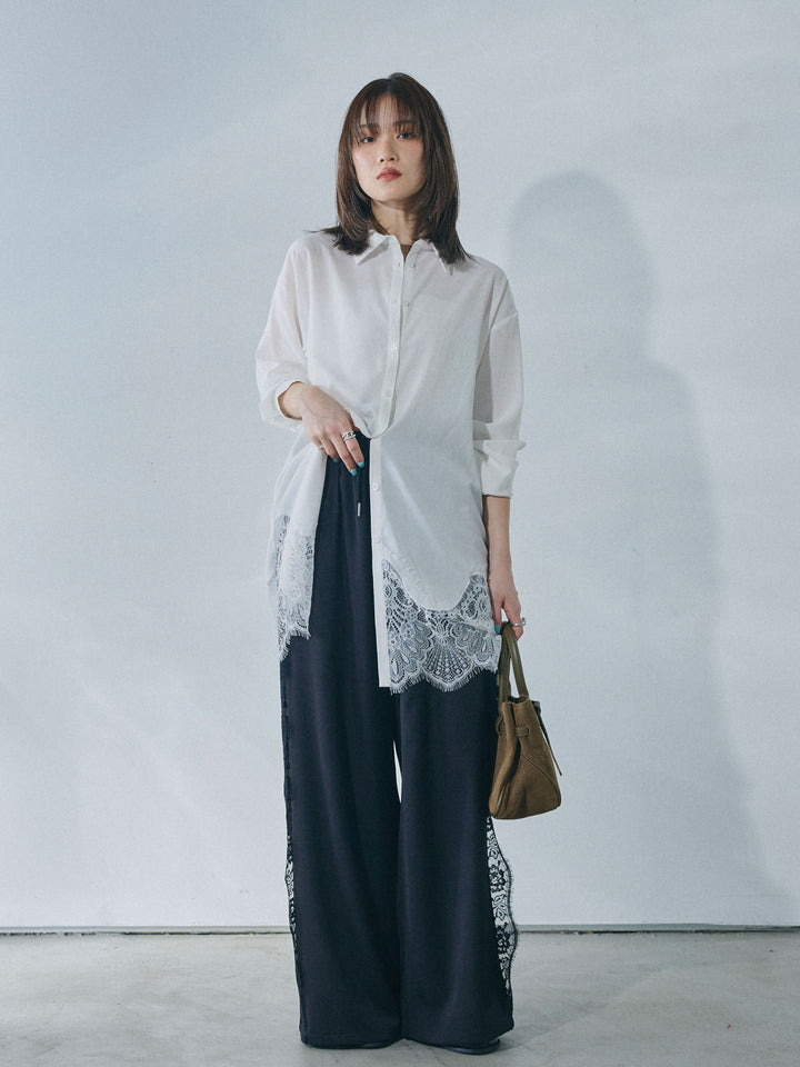 【Allure】[SET]裾レースポプリンシャツ+サイドピンタックレースイージーワイドパンツ(2set)