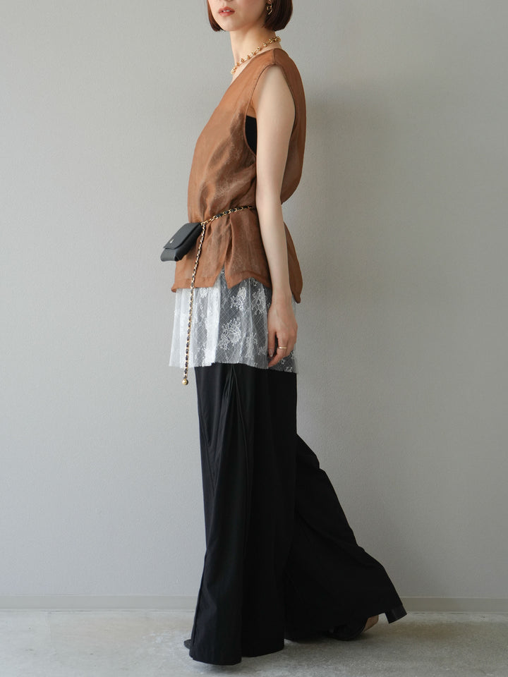 [予約]タックパイピングナイロンワイドパンツ/ブラック