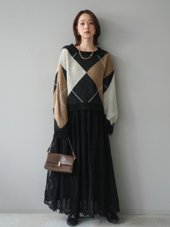 [SET]配色ステッチアーガイル柄ニットプルオーバー+ヴィンテージライクメッシュレーススカート(2set)
