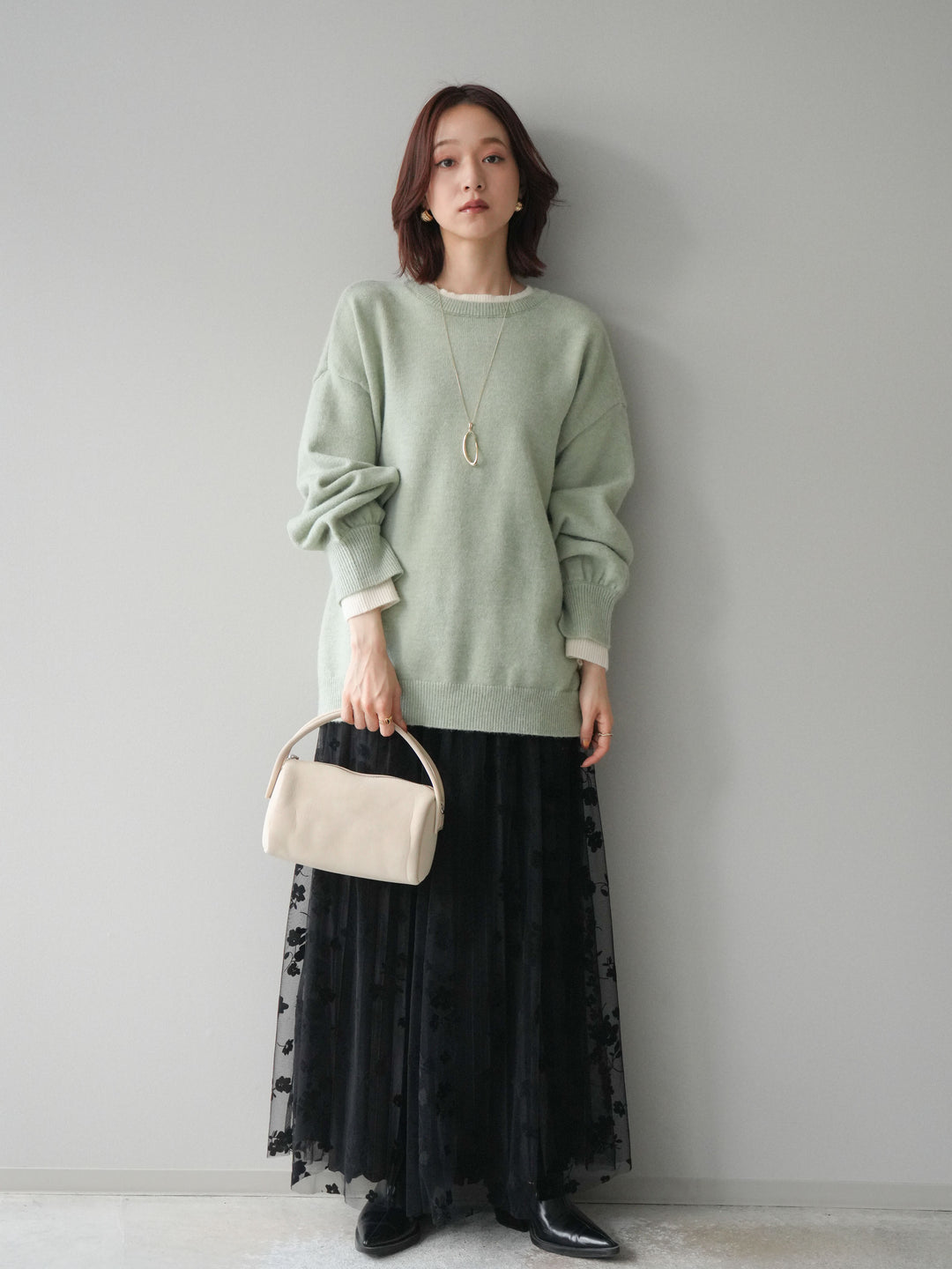 [SET]ヘンリーネック配色レイヤードニットプルオーバー+フラワーフロッキーチュールプリーツスカート(2set)