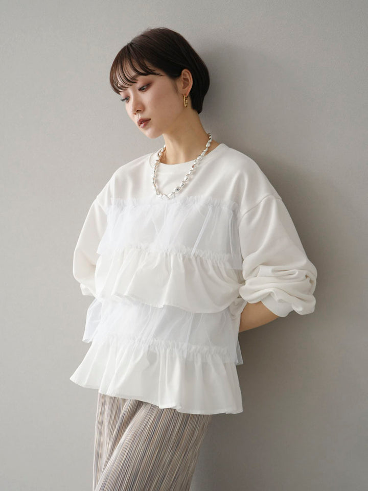 [Pre-order] Tulle frilled fleece pullover/off-white