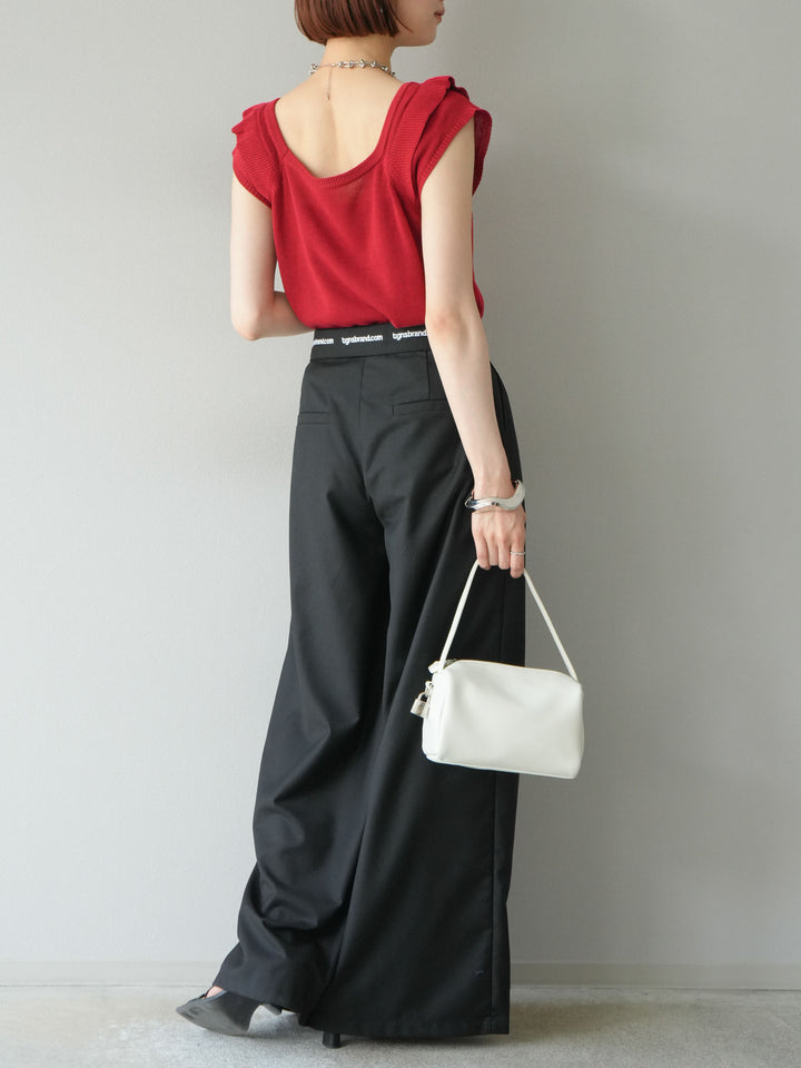 [予約]ウエスト折り返しロゴタックワイドパンツ/ブラック