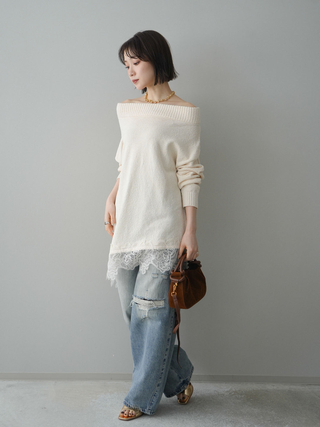 [SET]アシンメトリーレースヘムニットプルオーバー+ダメージデニムセミワイドパンツ(2set)