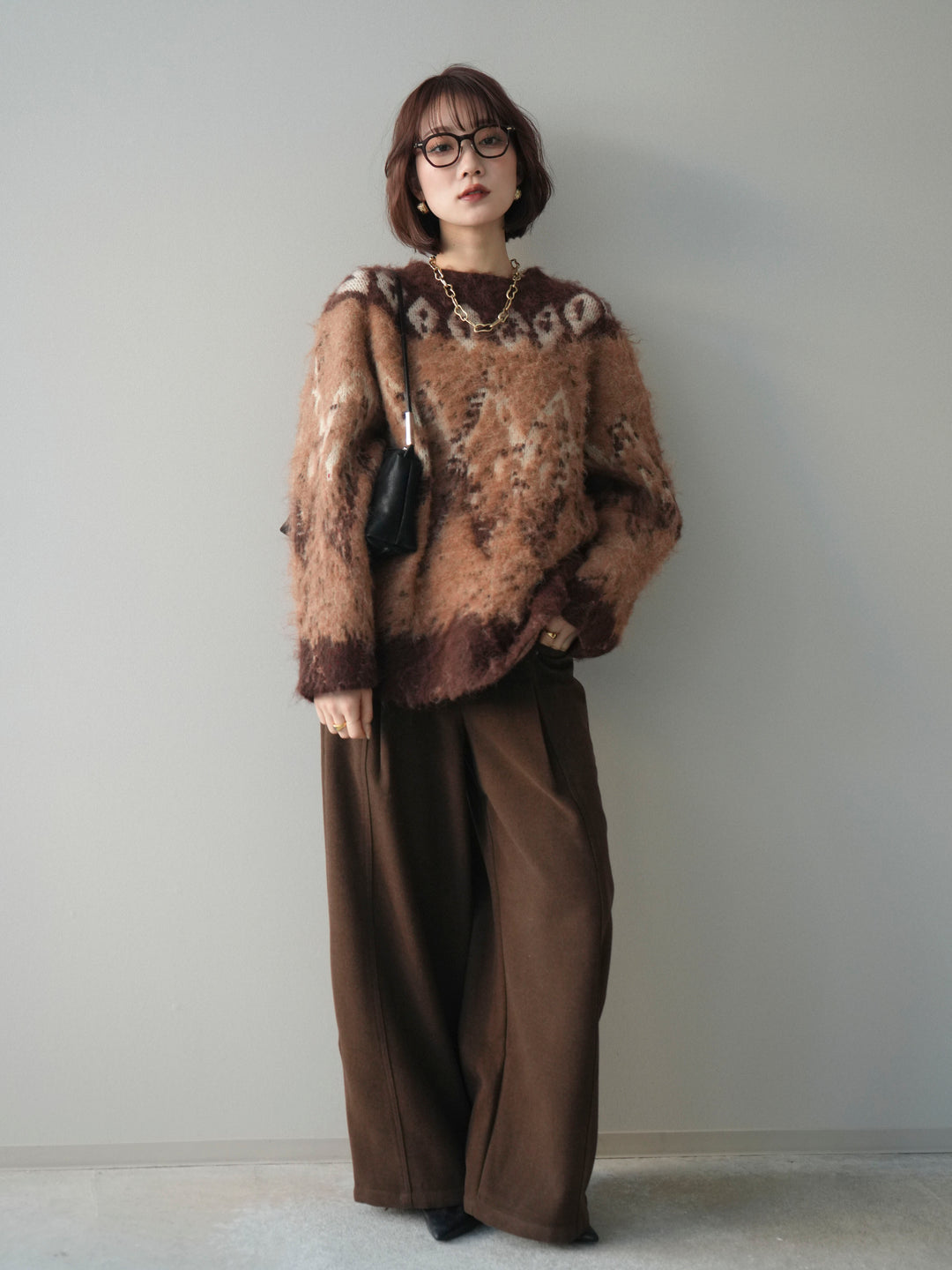 [SET]シャギーニュアンス柄ニットプルオーバー+ベルト付起毛コクーンパンツ(2set)