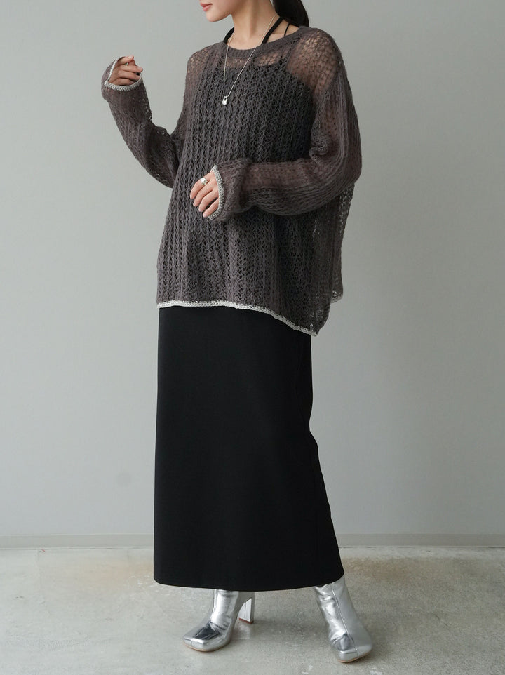 [予約]ラメ配色透かし編みニットプルオーバー/チャコール