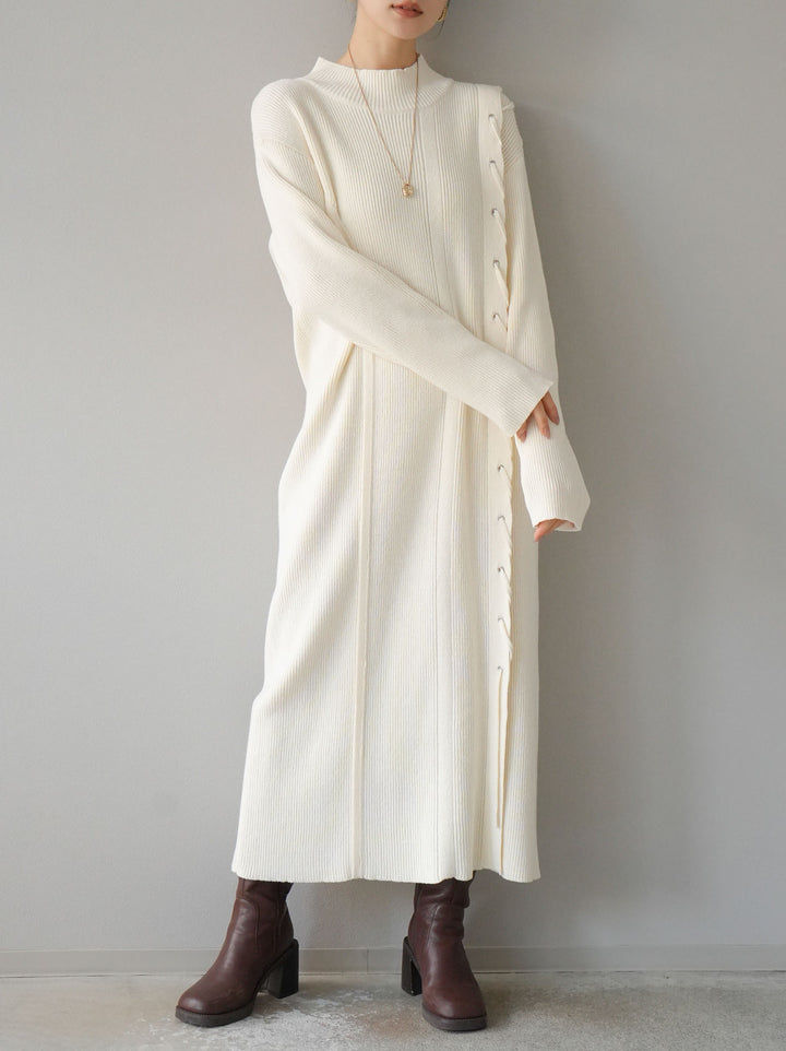 [SET] 不對稱繫帶高領針織連身裙 + 可選飾品套裝 (2套)