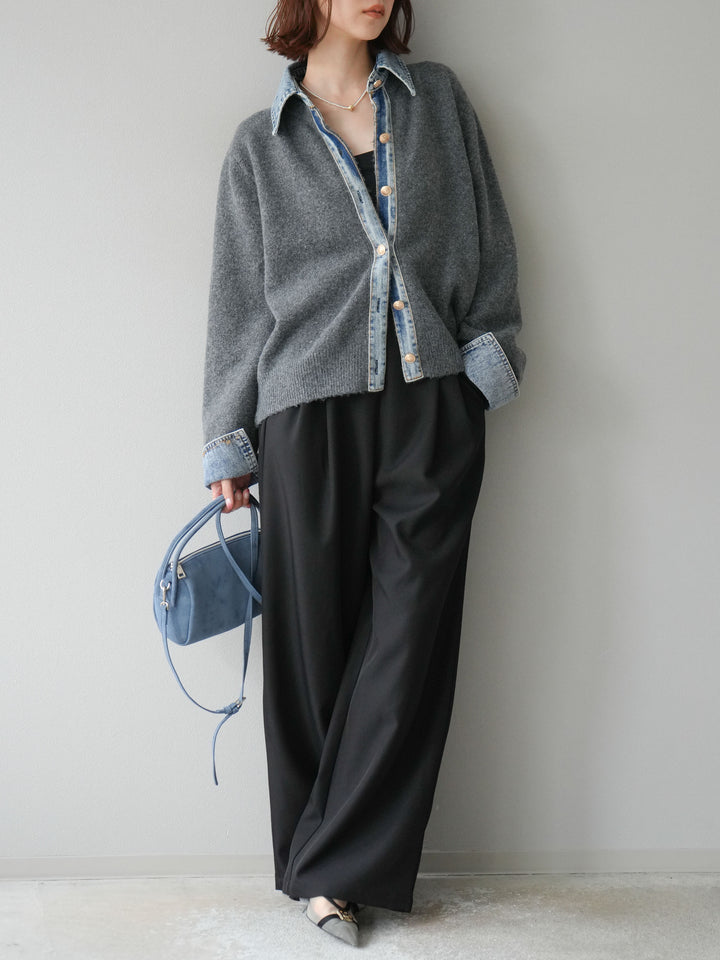 [SET]デニム襟ボタンニットカーディガン+エステルタックワイドパンツ(2set)