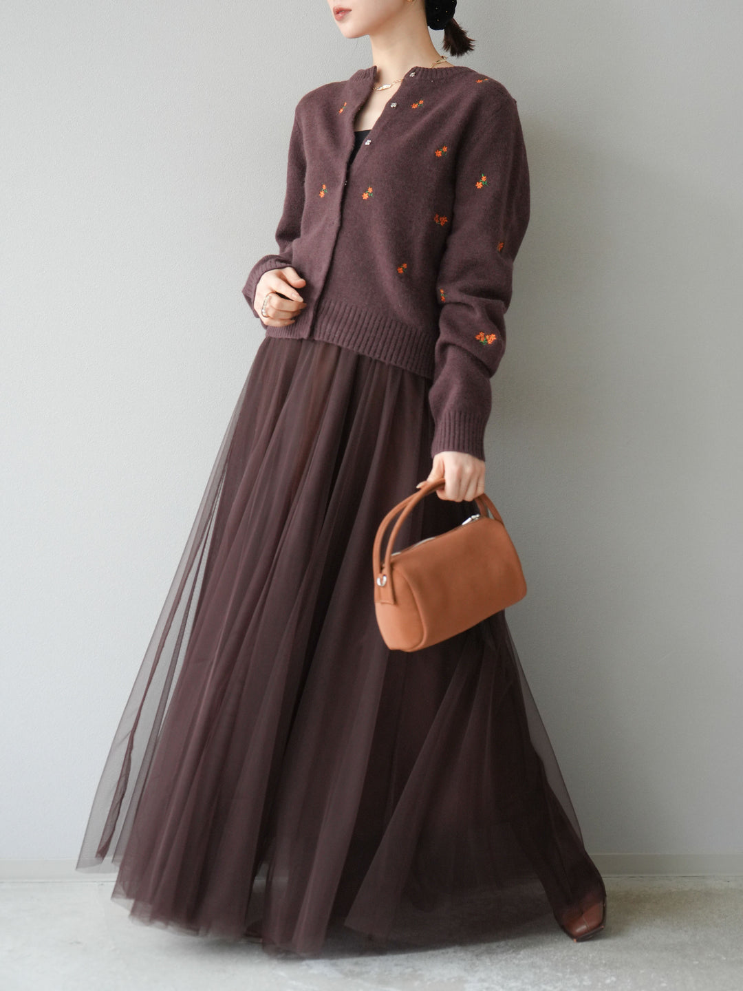 [SET]フラワー刺繍ニットカーディガン+チュールボリュームスカート(2set)