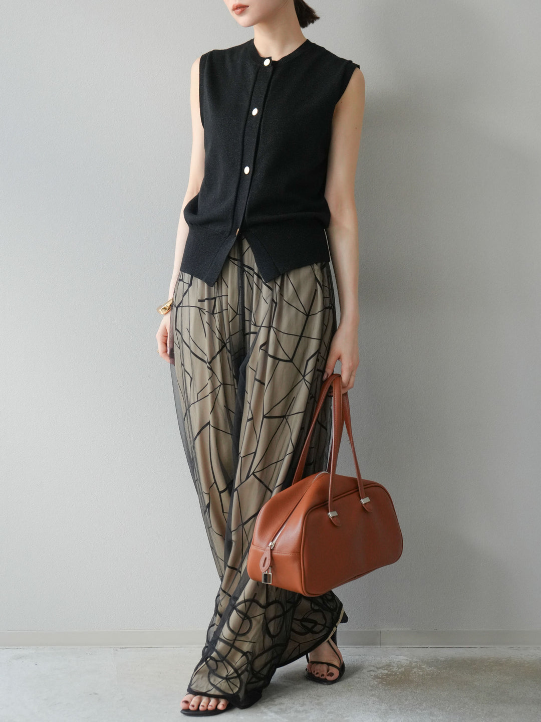 [予約]ビスコースサテンプリントタックイージーパンツ/ベージュ