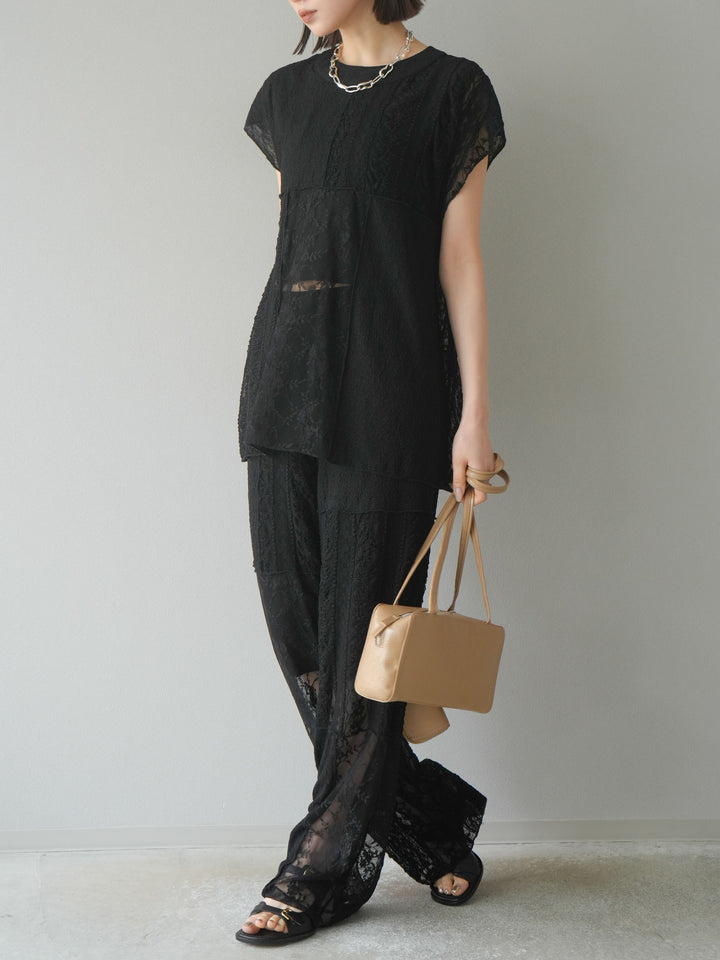 【預購】拼布蕾絲寬褲/黑