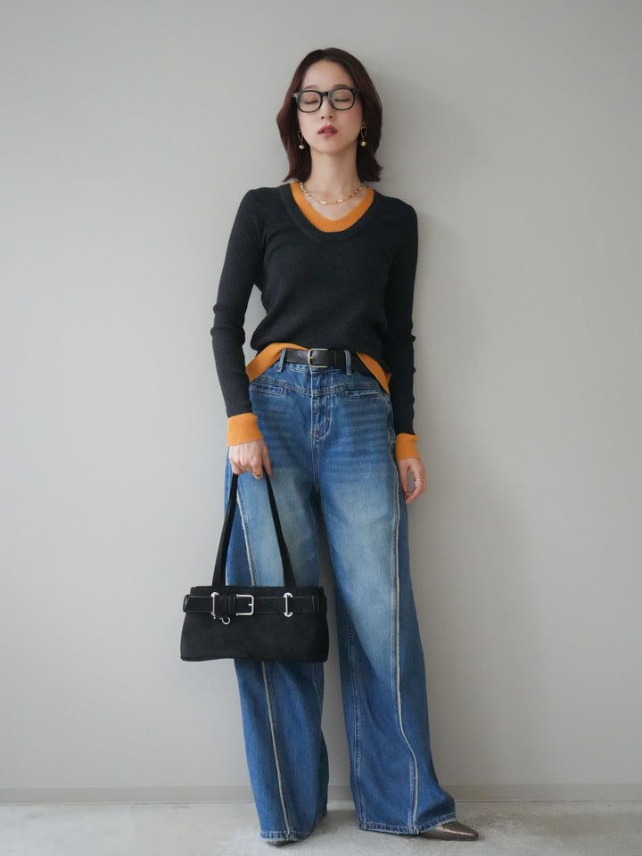 [予約]サイドフリンジワイドデニムパンツ/navy