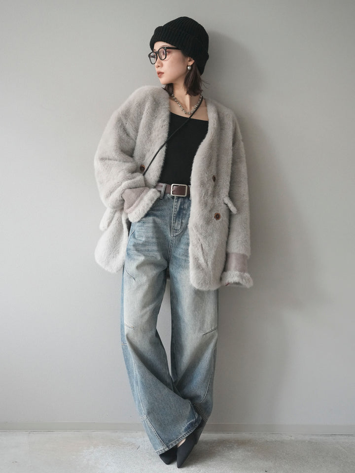 [SET]バッグ付エコファーノーカラーコート+ベルト付カーブデニムパンツ(2set)