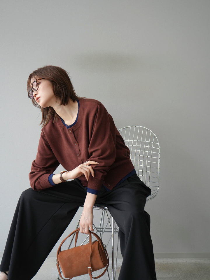 【預購】顏色協調的多層開襟衫/棕色