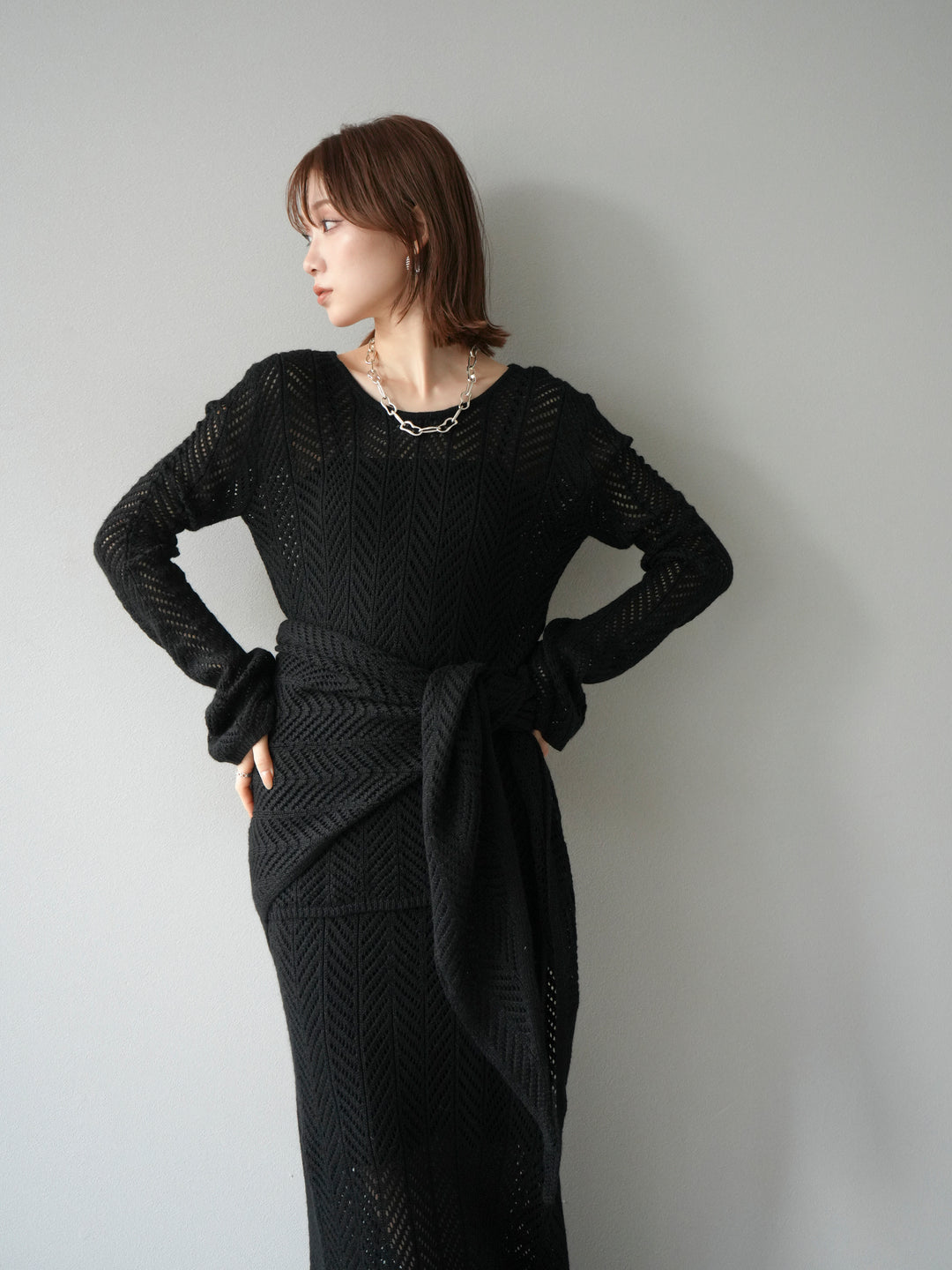 [予約]透かし編みニットスカーフ/ブラック