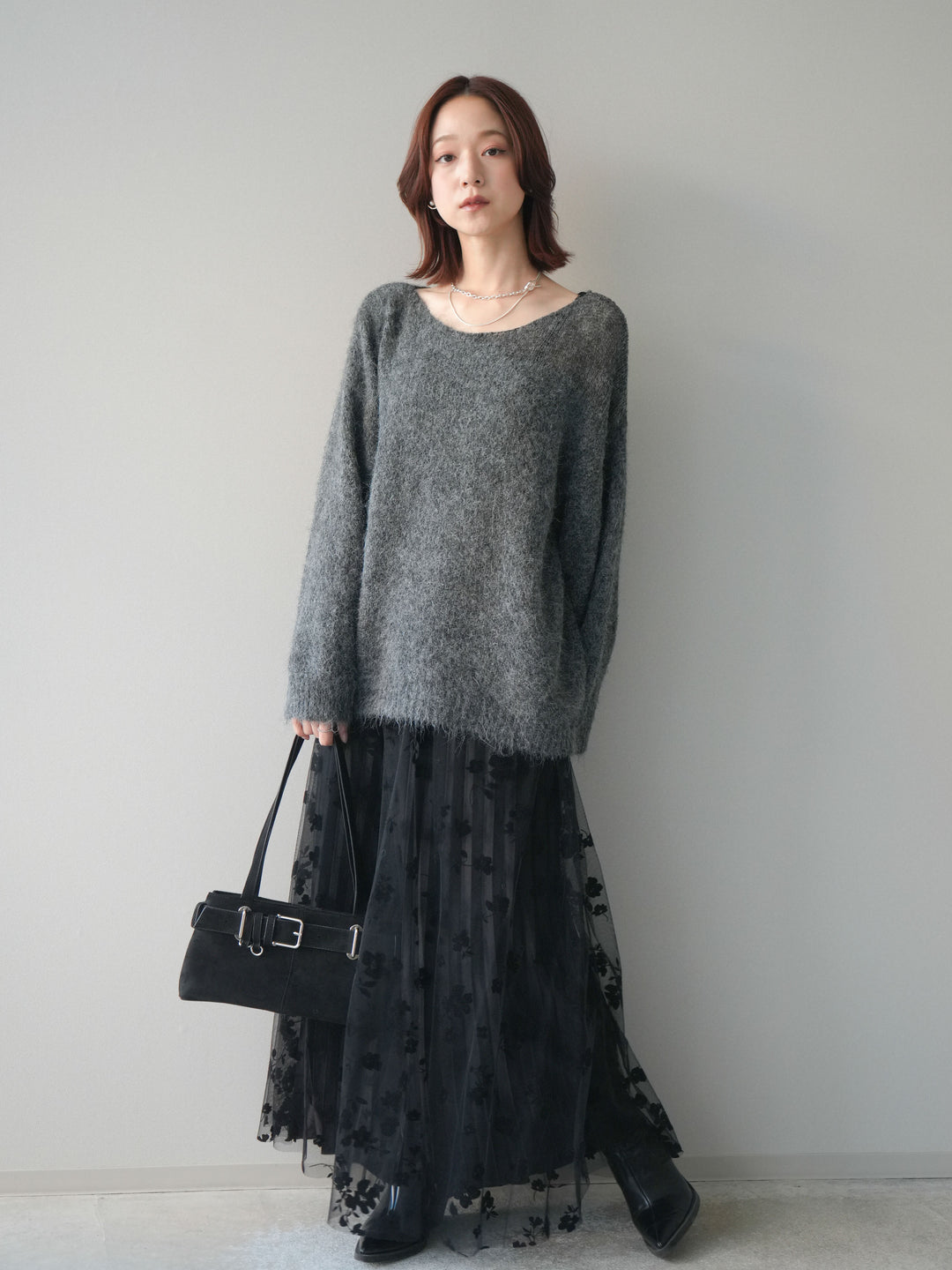 [SET]透かしデザインニットプルオーバー+フラワーフロッキーチュールプリーツスカート(2set)