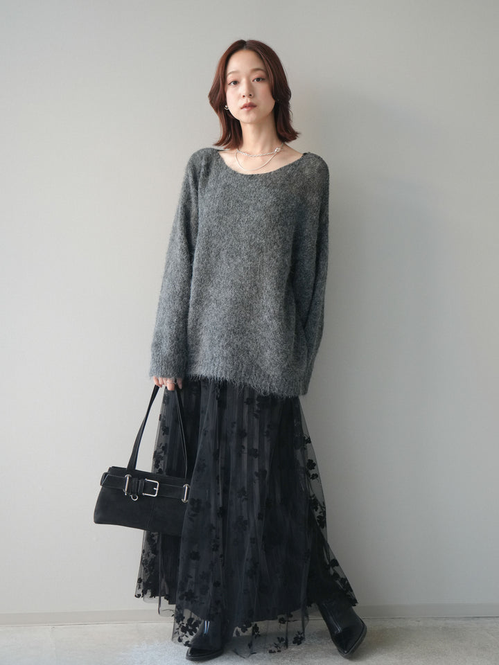 [SET]透かしデザインニットプルオーバー+フラワーフロッキーチュールプリーツスカート(2set)