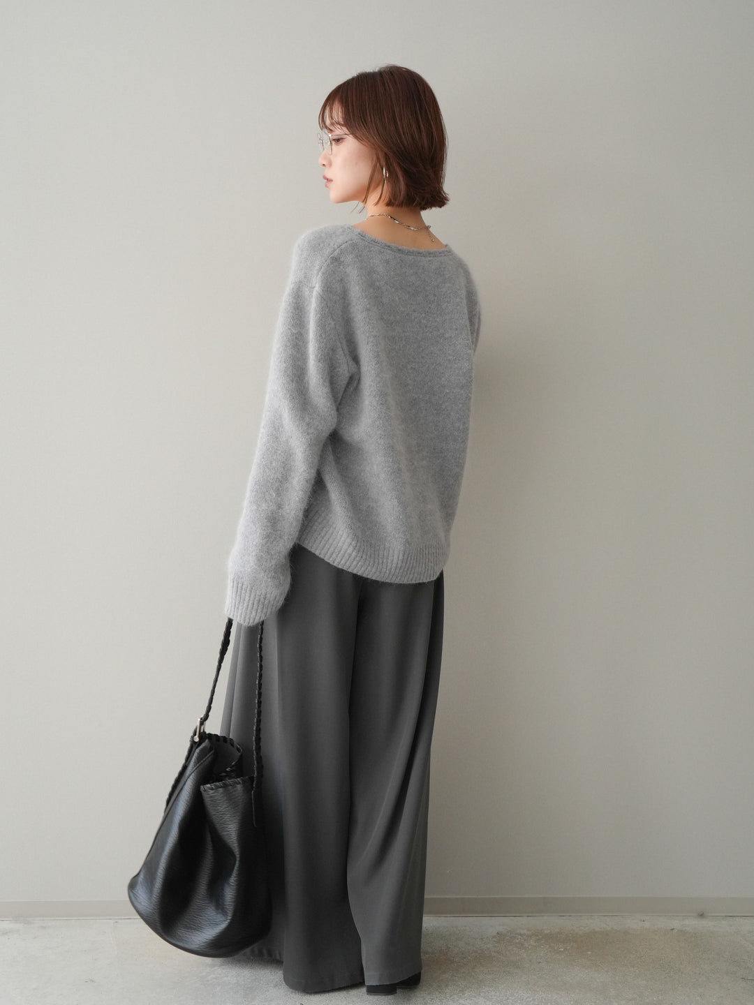 [SET]くるみボタンニットカーディガン+テープベルトタックバギーパンツ(2set)