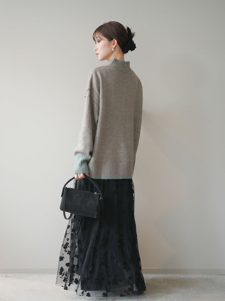 [SET]配色ハイネックニットプルオーバー+フラワーフロッキーチュールプリーツスカート(2set)