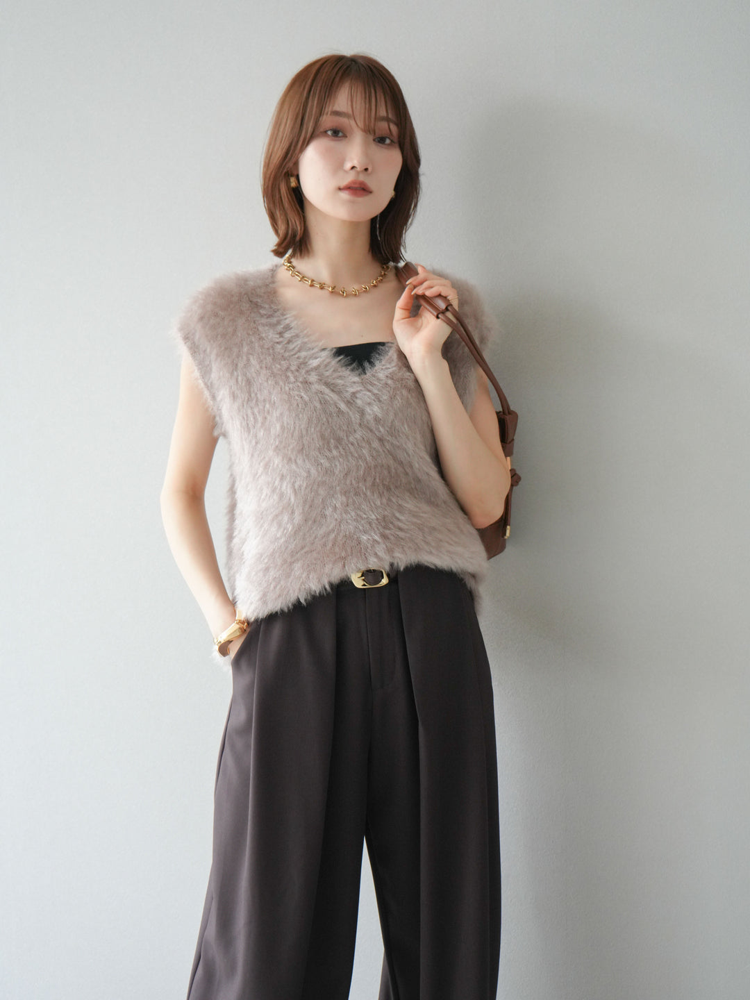 【預購】Lame Shaggy V領針織背心/灰米色