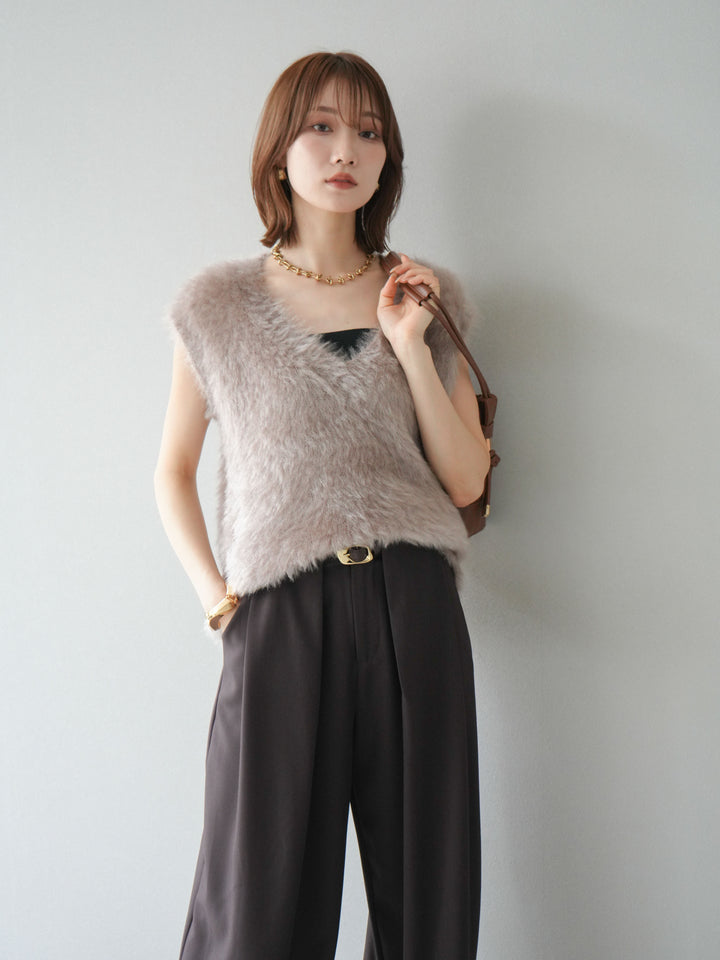 【預購】Lame Shaggy V領針織背心/灰米色
