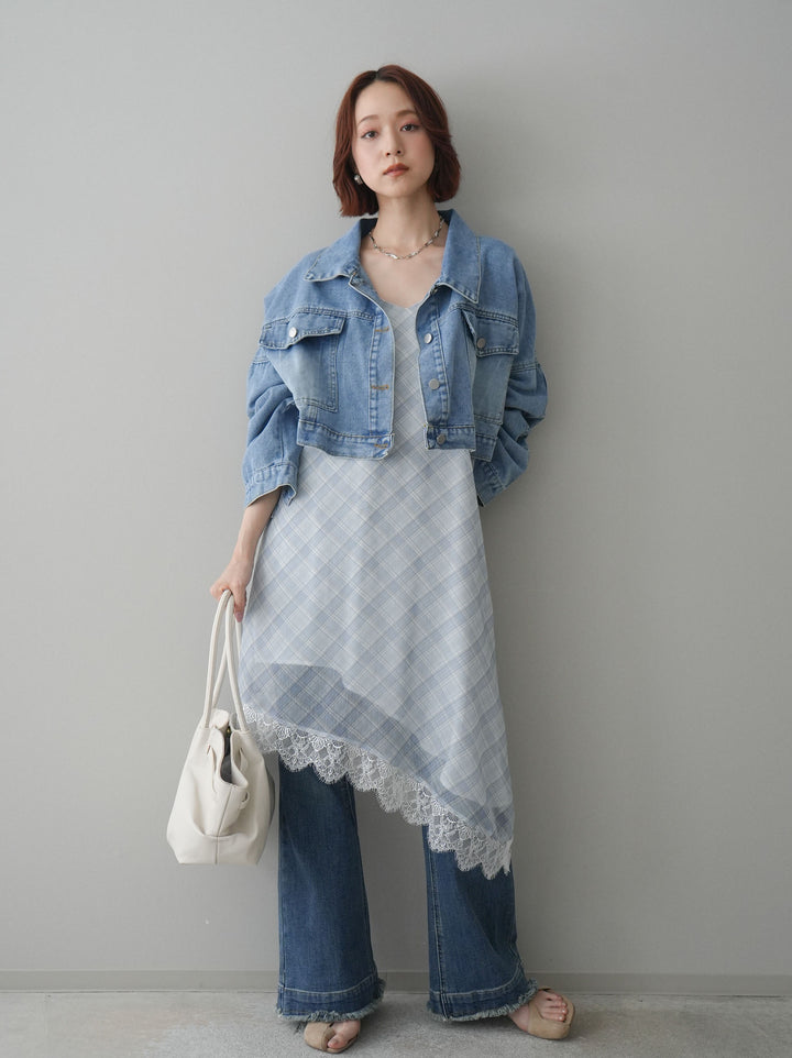 【套裝】牛仔短版襯衫外套+不對稱格紋蕾絲吊帶背心+流蘇半喇叭牛仔褲（三件套）