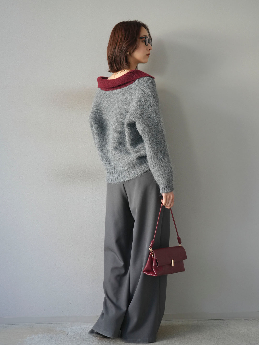 [SET]バイカラー襟付きニットプルオーバー+ベルトループデザインワイドパンツ(2set)