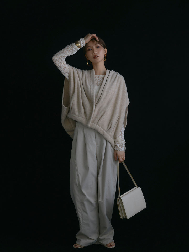 【Allure】[SET]ウール混コクーンブルゾン+タフタワイドカーブパンツ+バックラウンドレーストップス(3set)