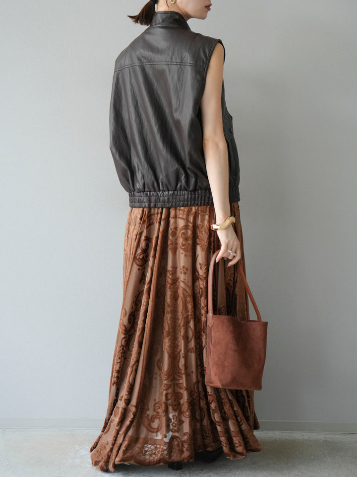 [予約]アンティーク柄フロッキーマキシスカート/ブラウン