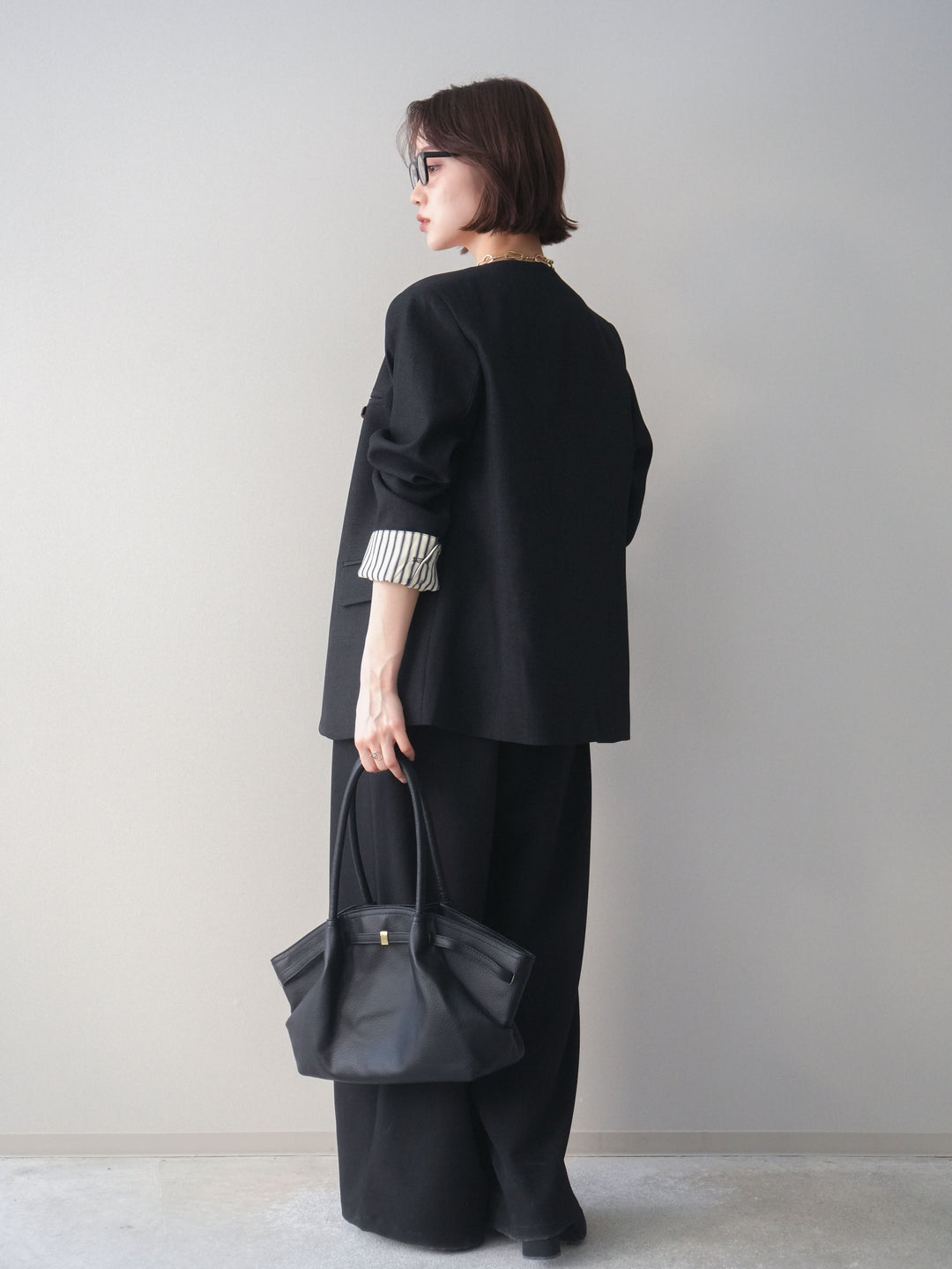 [SET]ノーカラージャケット+サテンベルトタックワイドパンツ(2set)