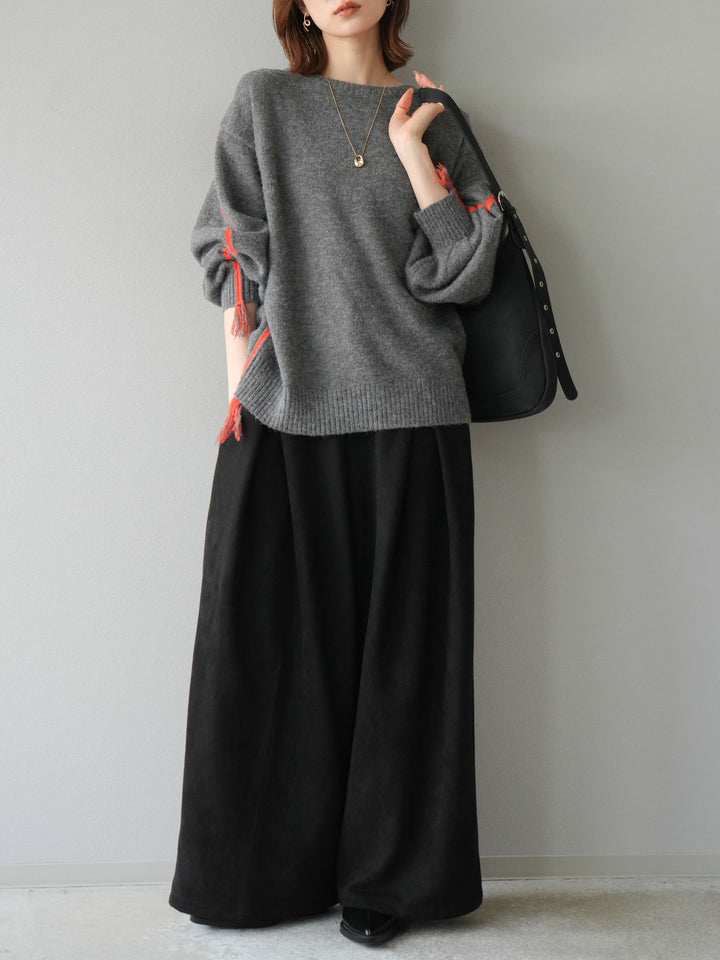 [SET]配色ステッチフリンジニットプルオーバー +スウェードタックワイドパンツ(2set)