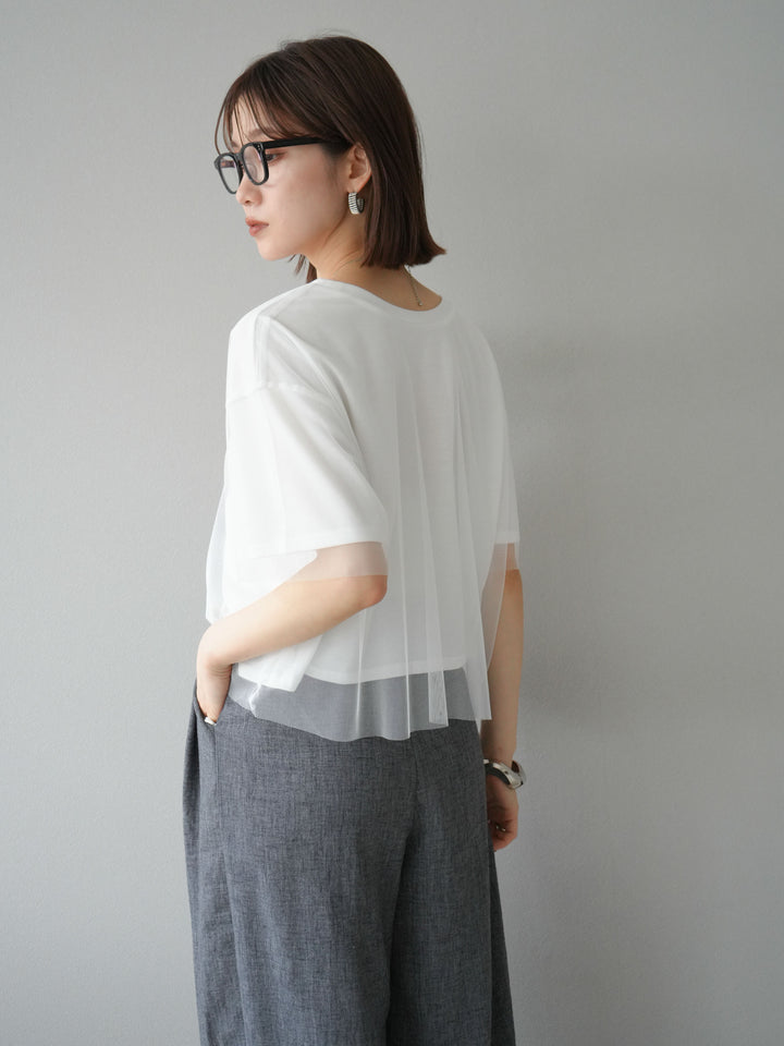 [予約]チュールドッキングフォトTシャツ/オフホワイト×ピンク