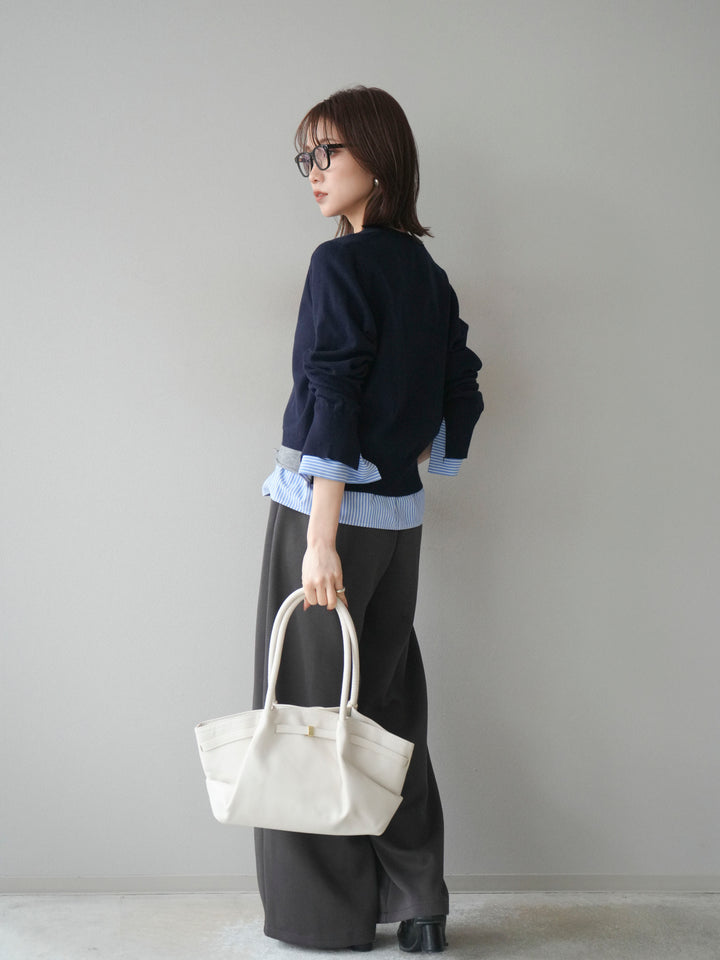 [SET]シャツ襟レイヤードニットカーディガン+ベルト付スウェットワイドパンツ(2set)