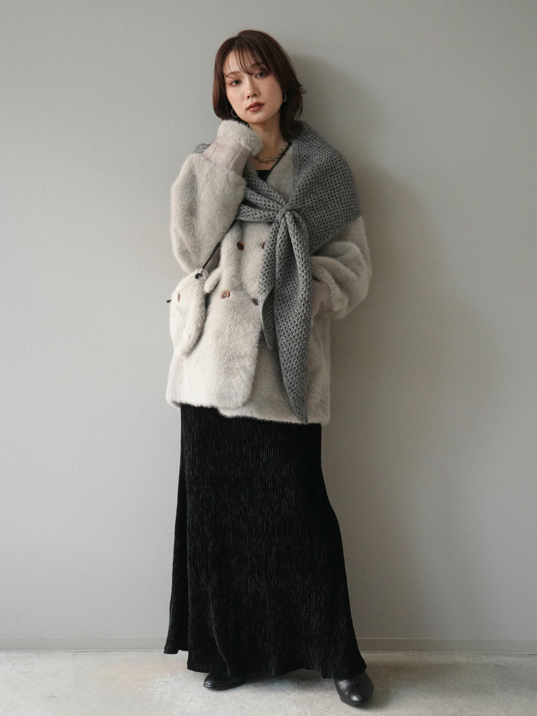 [予約]バッグ付エコファーノーカラーコート/gray