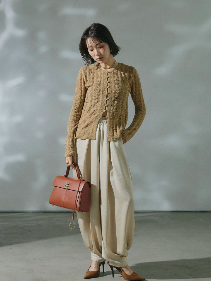 【Allure】[SET]透かし編みニットカーディガントップス+ワッシャーサテンタックジョガーパンツ(2set)