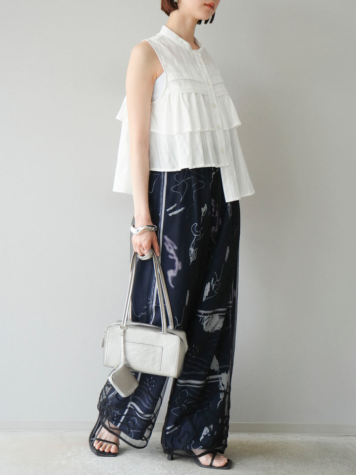 [SET]コード刺繍チュールレイヤードパンツ+ペイント柄タックパンツ(2set)