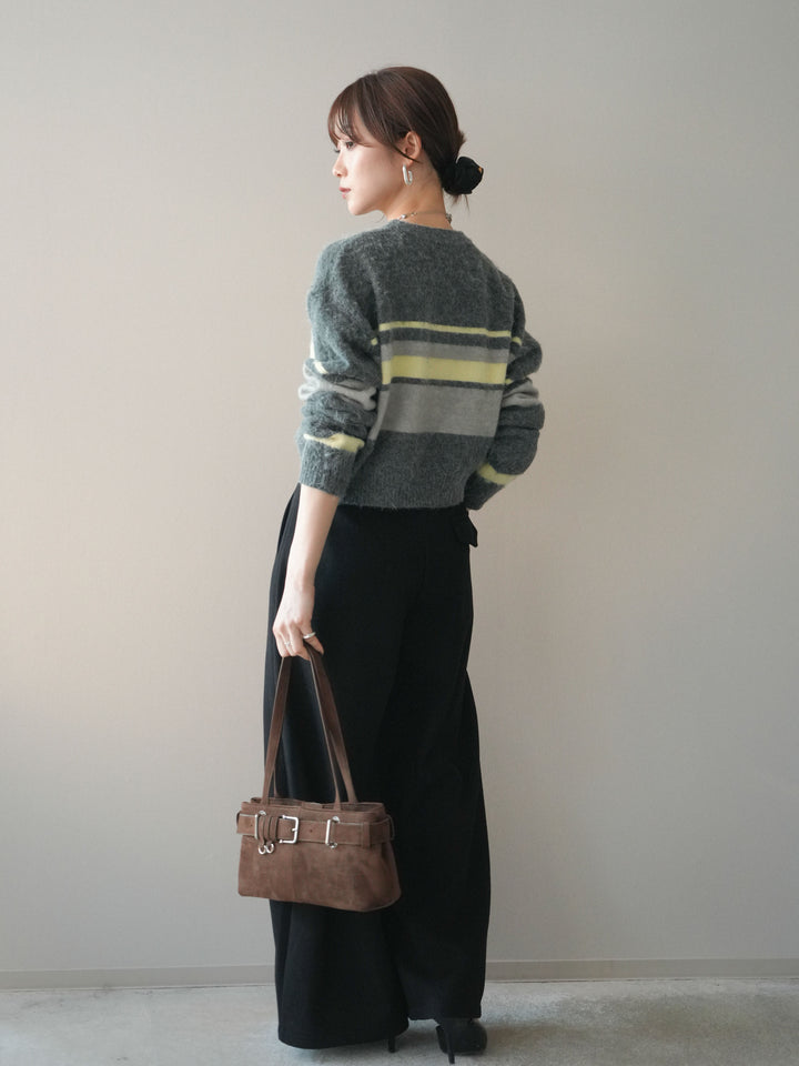 [SET]ソフトタッチボーダークロップドニットプルオーバー+アニマル柄ベルト付きウールタッチワイドパンツ(2set)