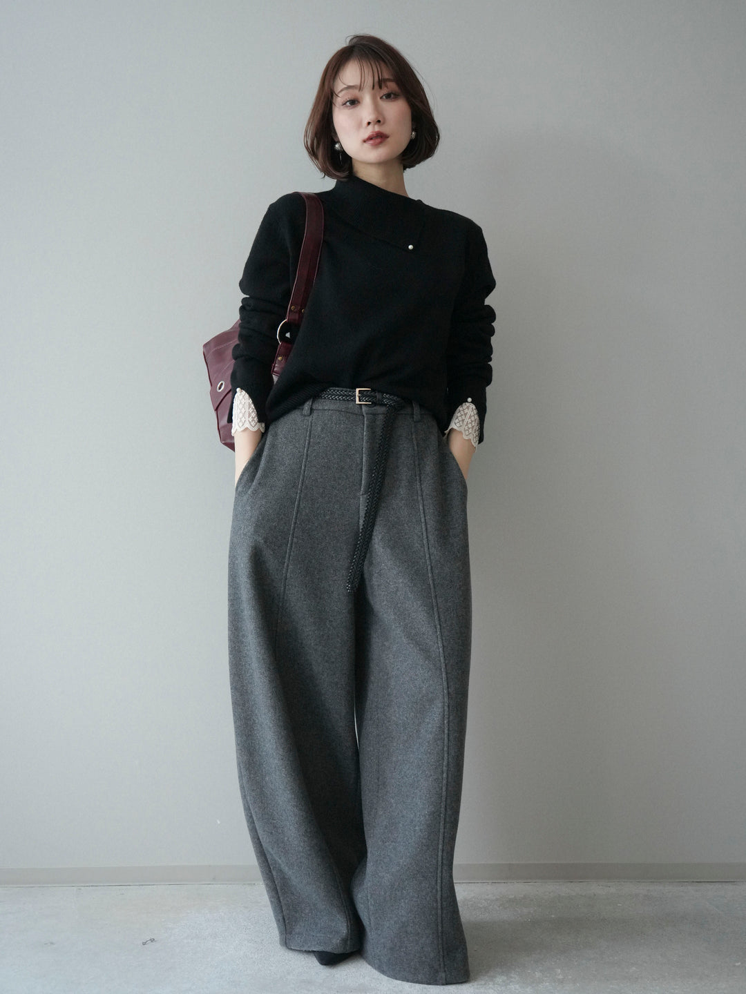 [SET]袖レースパール付き配色ニットトップス+ウールタッチカーブパンツ(2set)