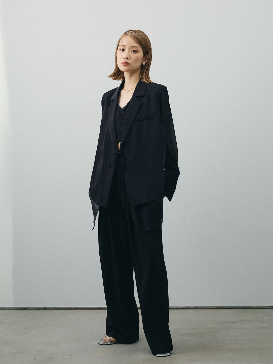 [SET]シアー切替テーラードジャケット+リネンライクカシュクールデザインビスチェ+2タックワイドパンツ(3set)