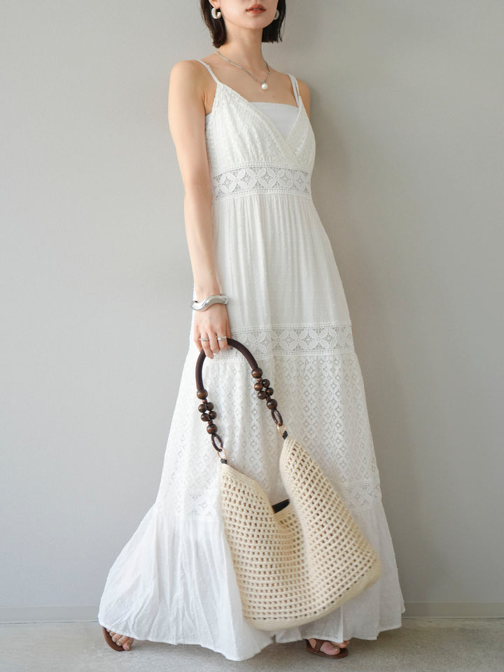 [SET] 蕾絲花邊吊帶裙+網紗羅紋罩杯吊帶背心（2件組）