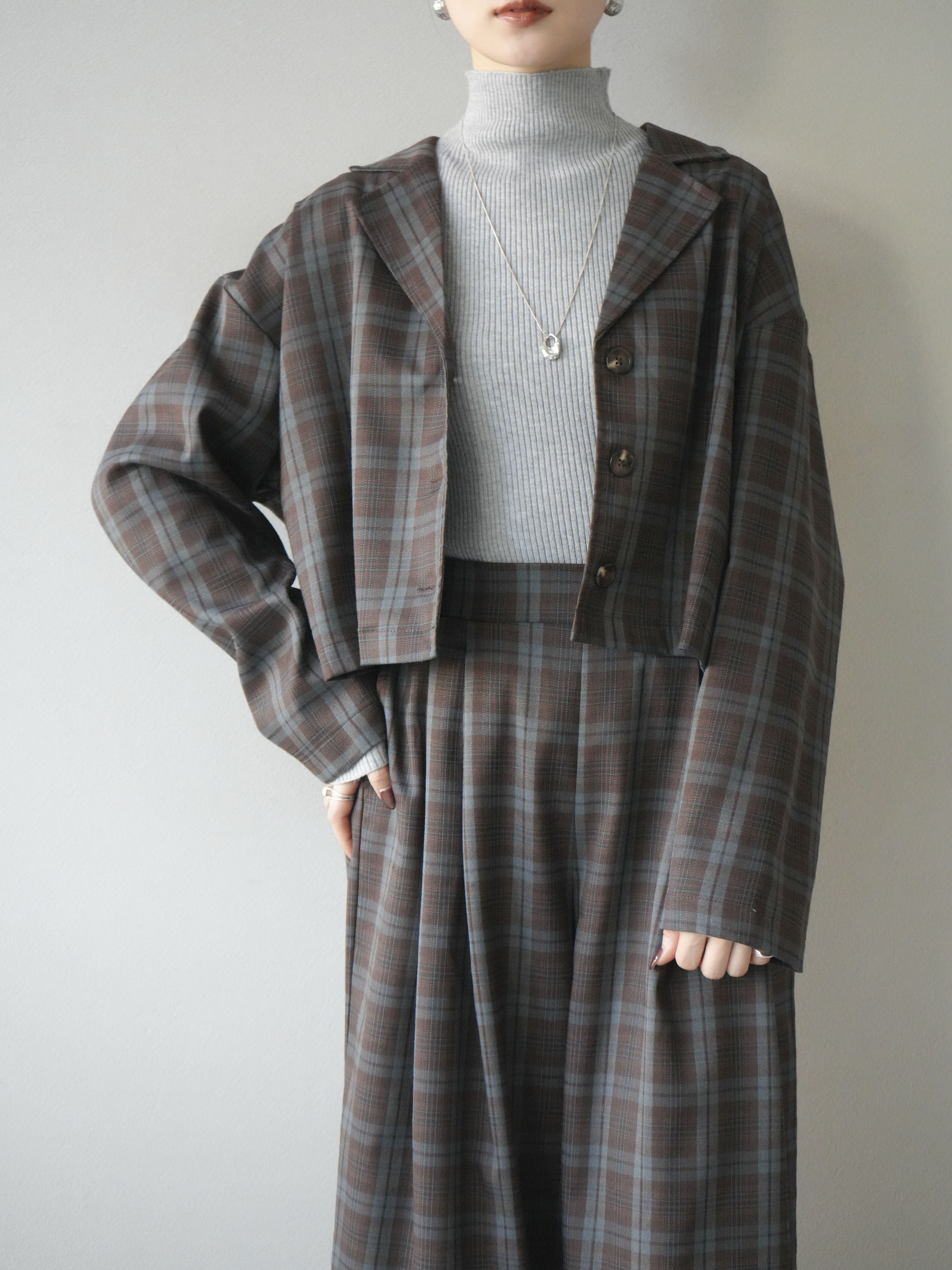 SET]チェック柄ショートジャケット+チェック柄イージーパンツ