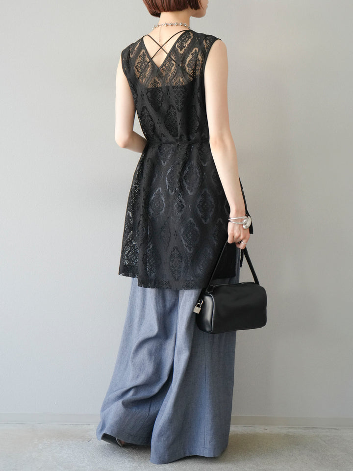 【預購】仿亞麻雙褶設計寬褲/藏青色