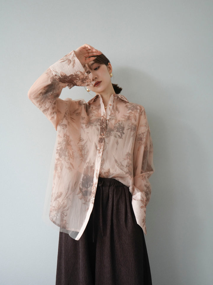 [予約]チュールドッキングフラワー柄オーバーサイズシャツ/ブラウン