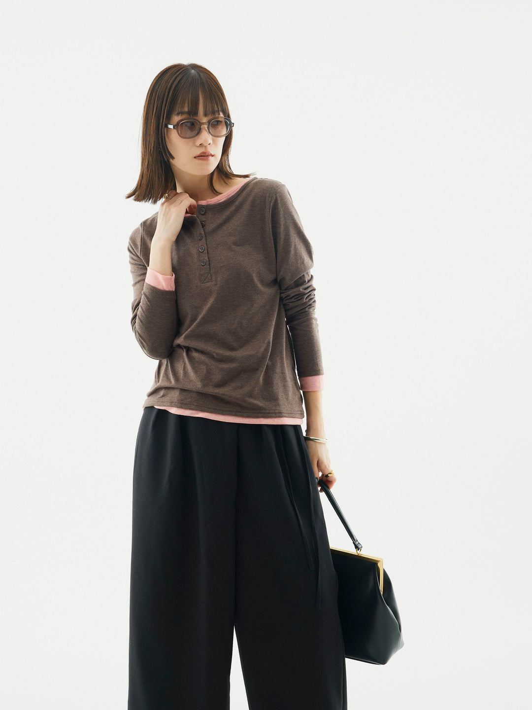 【Allure】[SET]配色レイヤードヘンリーネックトップス+配色レイヤードヘンリーネックトップス(2set)