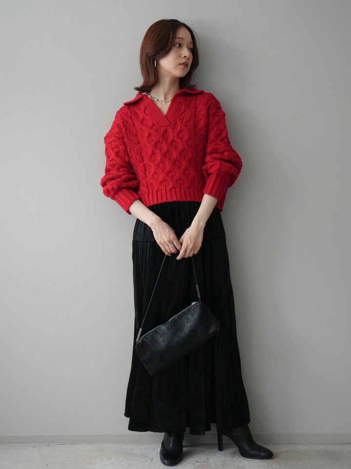 [SET]バルキーケーブルクロップド開襟プルオーバー+ベロアティアードワッシャースカート(2set)