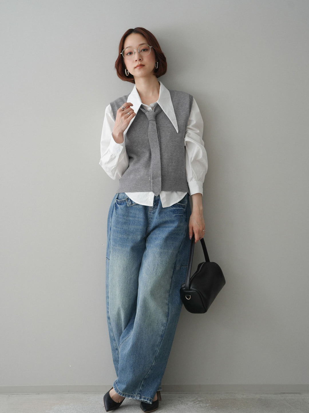 [SET]ボウタイ付ニットベストアンサンブルシャツ+アシメデザインワイドデニムパンツ(2set)