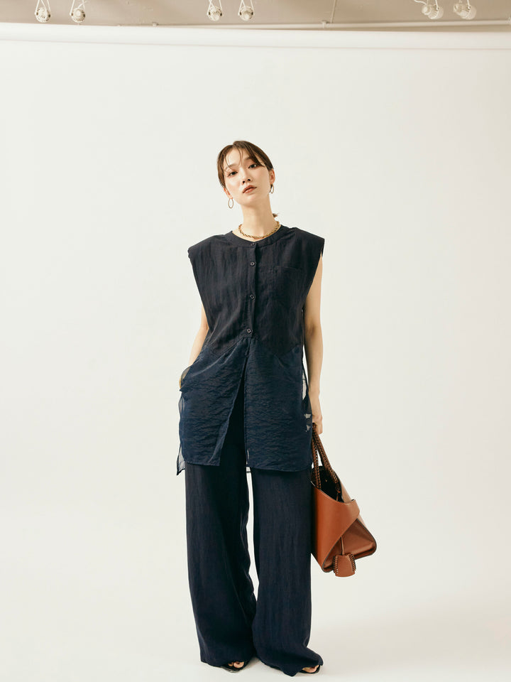 [SET]オーガンジーヘムブラウス＆ワイドパンツSET UP(2set)