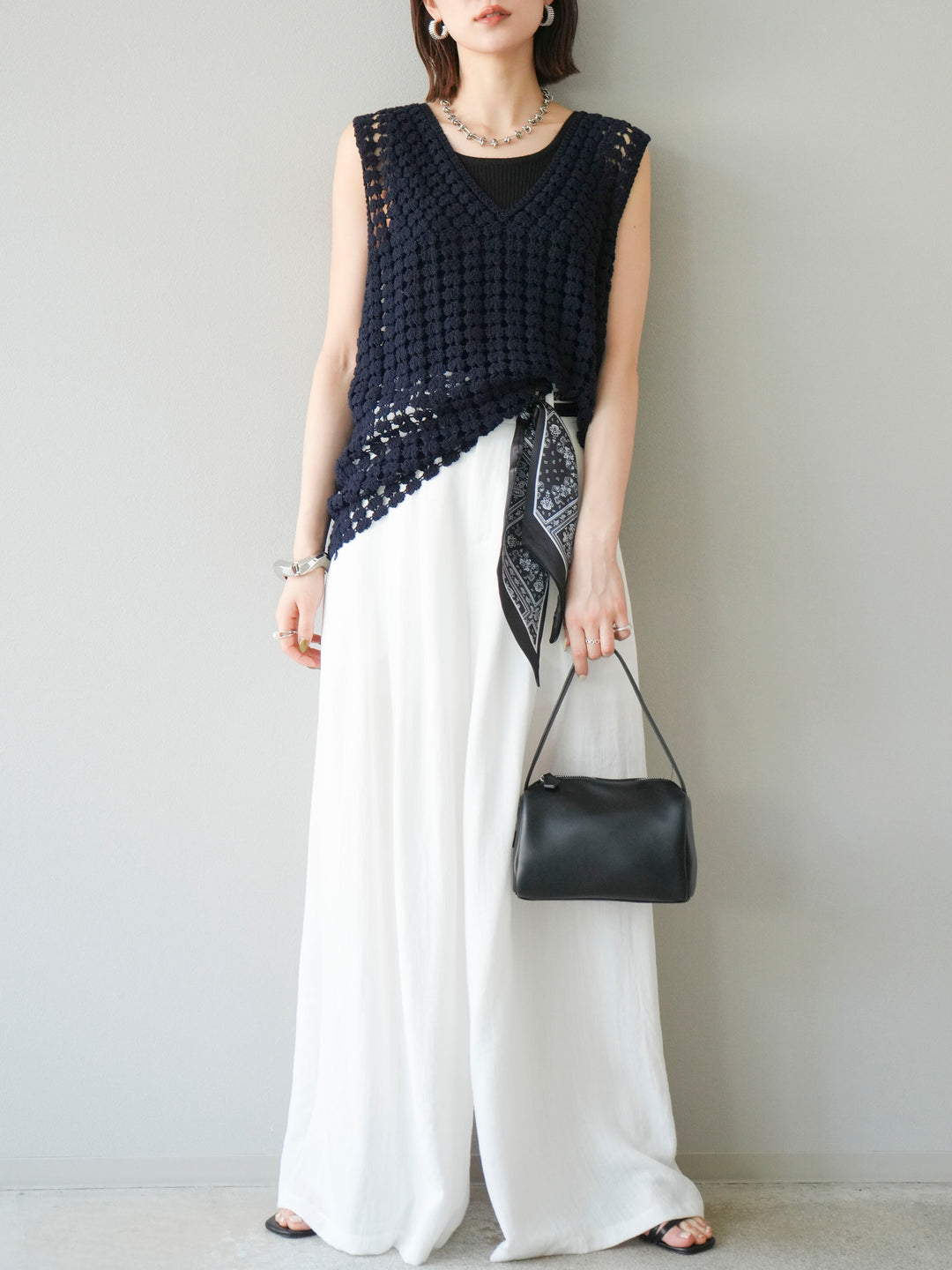 [予約]スカーフベルト付3タックワイドパンツ/オフ