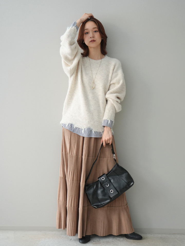 [予約]型押しスエードティアードプリーツスカート/beige