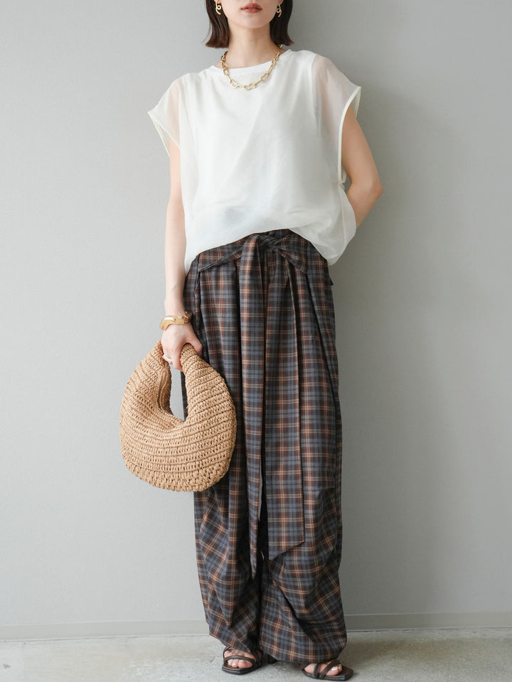 [予約]チェック柄ウエスト巻きドロストパンツ/ブラウン